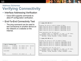 Presentation_ID 22© 2008 Cisco Systems, Inc. All rights reserved. Cisco Confidential
Address Schemes
Verifying Connectivity
 Interface Addressing Verification
• Cisco IOS supports commands to
allow IP configuration verification.
 End-To-End Connectivity Test
• The ping command can be used to
test connectivity to another device on
the network or a website on the
Internet.
 
