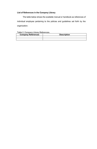 List of References in the Company Library

      The table below shows the available manual or handbook as references of

individual employee pertaining to the policies and guidelines set forth by the

organization.


Table 2. Company Library References.
  Company References                            Description
 