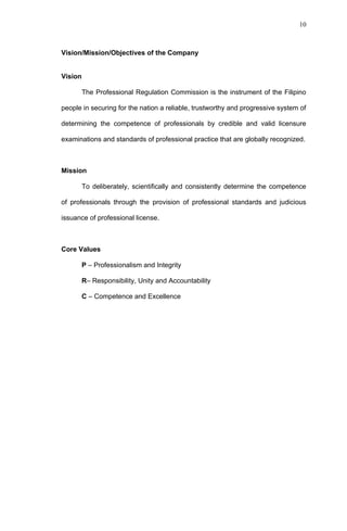 10



Vision/Mission/Objectives of the Company


Vision

         The Professional Regulation Commission is the instrument of the Filipino

people in securing for the nation a reliable, trustworthy and progressive system of

determining the competence of professionals by credible and valid licensure

examinations and standards of professional practice that are globally recognized.



Mission

         To deliberately, scientifically and consistently determine the competence

of professionals through the provision of professional standards and judicious

issuance of professional license.



Core Values

         P – Professionalism and Integrity

         R– Responsibility, Unity and Accountability

         C – Competence and Excellence
 