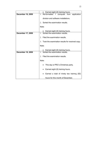 22


                       • Earned eight (8) training hours.
December 16, 2009   1. Re-formatted 1 computer from application

                       division and software installations.

                    2. Sorted the examination results.

                    Note:

                       • Earned eight (8) training hours.
December 17, 2009   1. Sorted the examination results.

                    2. Filed the examination results.

                    3. Took the examination results for received copy.

                    Note:

                       • Earned eight (8) training hours.
December 18, 2009   1. Sorted the examination results.

                    2. Filed the examination results.

                    Note:

                       •    This day is PRC’s Christmas party.

                       •    Earned eight (8) training hours.

                       •    Earned a total of ninety two training (92)

                            hours for this month of December.
 
