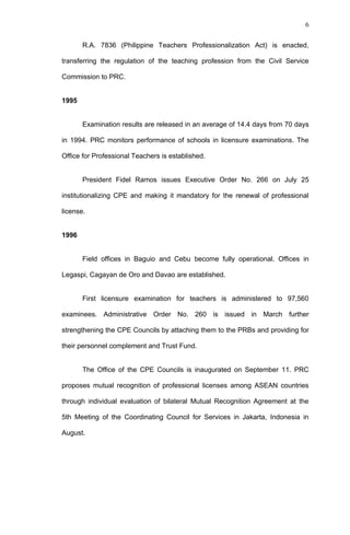 6


       R.A. 7836 (Philippine Teachers Professionalization Act) is enacted,

transferring the regulation of the teaching profession from the Civil Service

Commission to PRC.


1995


       Examination results are released in an average of 14.4 days from 70 days

in 1994. PRC monitors performance of schools in licensure examinations. The

Office for Professional Teachers is established.


       President Fidel Ramos issues Executive Order No. 266 on July 25

institutionalizing CPE and making it mandatory for the renewal of professional

license.


1996


       Field offices in Baguio and Cebu become fully operational. Offices in

Legaspi, Cagayan de Oro and Davao are established.


       First licensure examination for teachers is administered to 97,560

examinees. Administrative Order No. 260 is issued in March further

strengthening the CPE Councils by attaching them to the PRBs and providing for

their personnel complement and Trust Fund.


       The Office of the CPE Councils is inaugurated on September 11. PRC

proposes mutual recognition of professional licenses among ASEAN countries

through individual evaluation of bilateral Mutual Recognition Agreement at the

5th Meeting of the Coordinating Council for Services in Jakarta, Indonesia in

August.
 