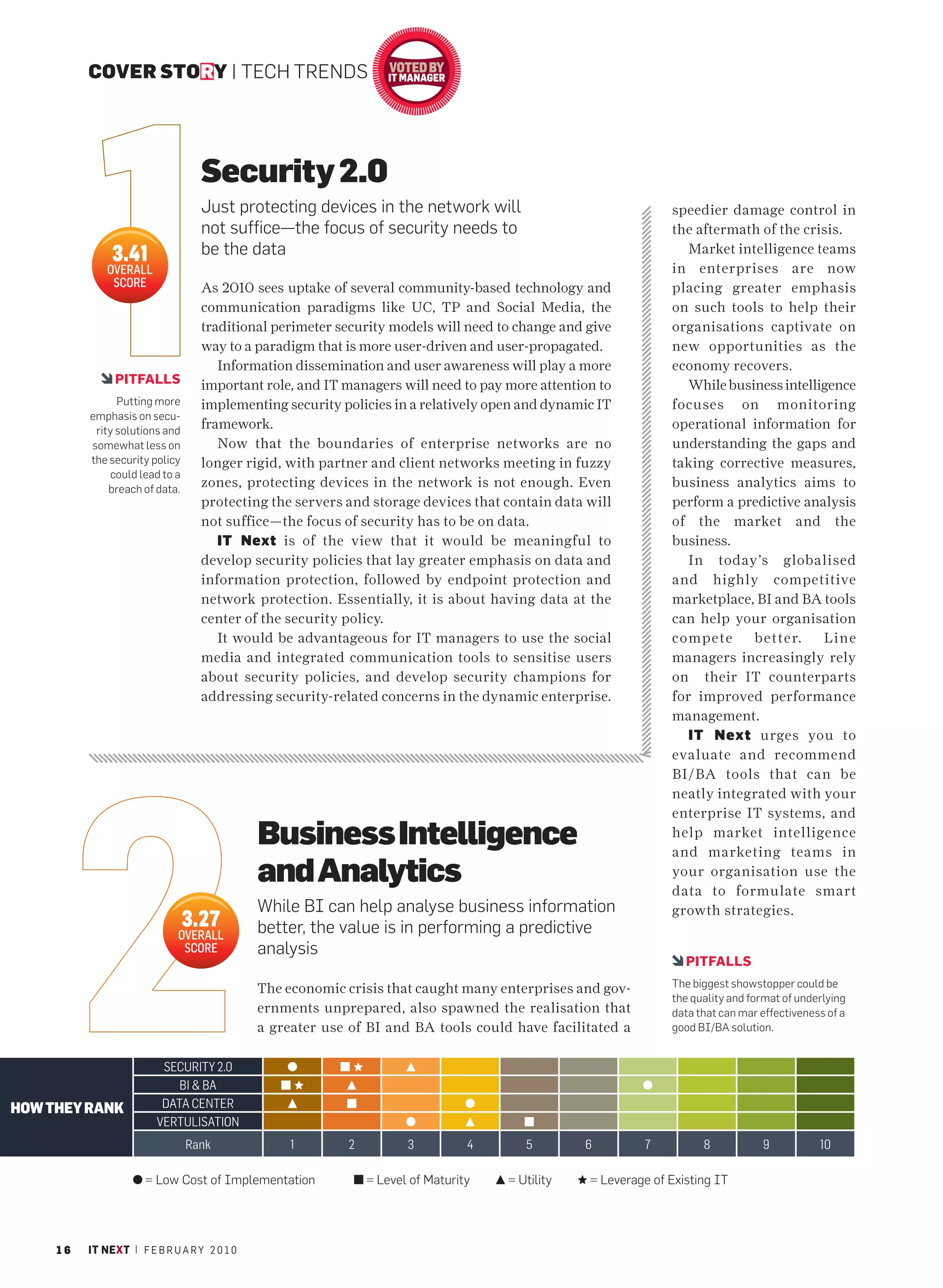 COVER STORY | TECH TRENDS




                                   Security 2.0
                                   Just protecting devices in the network will                                 speedier damage control in
                                   not suffice—the focus of security needs to                                  the aftermath of the crisis.
               3.41                be the data                                                                    Market intelligence teams
              OVERALL                                                                                          in enterprises are now
               SCORE               As 2010 sees uptake of several community-based technology and               placing greater emphasis
                                   communication paradigms like UC, TP and Social Media, the                   on such tools to help their
                                   traditional perimeter security models will need to change and give          organisations captivate on
                                   way to a paradigm that is more user-driven and user-propagated.             new opportunities as the
                                      Information dissemination and user awareness will play a more            economy recovers.
               PITFALLS            important role, and IT managers will need to pay more attention to             While business intelligence
                Putting more       implementing security policies in a relatively open and dynamic IT          focuses on monitoring
          emphasis on secu-
           rity solutions and
                                   framework.                                                                  operational information for
          somewhat less on            Now that the boundaries of enterprise networks are no                    understanding the gaps and
          the security policy      longer rigid, with partner and client networks meeting in fuzzy             taking corrective measures,
              could lead to a
              breach of data.
                                   zones, protecting devices in the network is not enough. Even                business analytics aims to
                                   protecting the servers and storage devices that contain data will           perform a predictive analysis
                                   not suffice—the focus of security has to be on data.                        of the market and the
                                      IT Next is of the view that it would be meaningful to                    business.
                                   develop security policies that lay greater emphasis on data and                In today’s globalised
                                   information protection, followed by endpoint protection and                 and highly competitive
                                   network protection. Essentially, it is about having data at the             marketplace, BI and BA tools
                                   center of the security policy.                                              can help your organisation
                                      It would be advantageous for IT managers to use the social               compete      better.     Line
                                   media and integrated communication tools to sensitise users                 managers increasingly rely
                                   about security policies, and develop security champions for                 on their IT counterparts
                                   addressing security-related concerns in the dynamic enterprise.             for improved performance
                                                                                                               management.
                                                                                                                  IT Next urges you to
                                                                                                               evaluate and recommend
                                                                                                               BI/BA tools that can be
                                                                                                               neatly integrated with your
                                                                                                               enterprise IT systems, and
                                              Business Intelligence                                            help market intelligence
                                                                                                               and marketing teams in
                                              and Analytics                                                    your organisation use the
                                                                                                               data to formulate smart
                                              While BI can help analyse business information                   growth strategies.
                                3.27          better, the value is in performing a predictive
                             OVERALL
                              SCORE           analysis
                                                                                                                  PITFALLS

                                              The economic crisis that caught many enterprises and gov-        The biggest showstopper could be
                                                                                                               the quality and format of underlying
                                              ernments unprepared, also spawned the realisation that           data that can mar effectiveness of a
                                              a greater use of BI and BA tools could have facilitated a        good BI/BA solution.


                          SECURITY 2.0
                             BI & BA
HOW THEY RANK             DATA CENTER
                         VERTULISATION
                                Rank               1       2          3          4      5        6        7          8           9           10

                      = Low Cost of Implementation             = Level of Maturity   = Utility   = Leverage of Existing IT




     16   IT NEXT | F E B R U A R Y 2 0 1 0
 