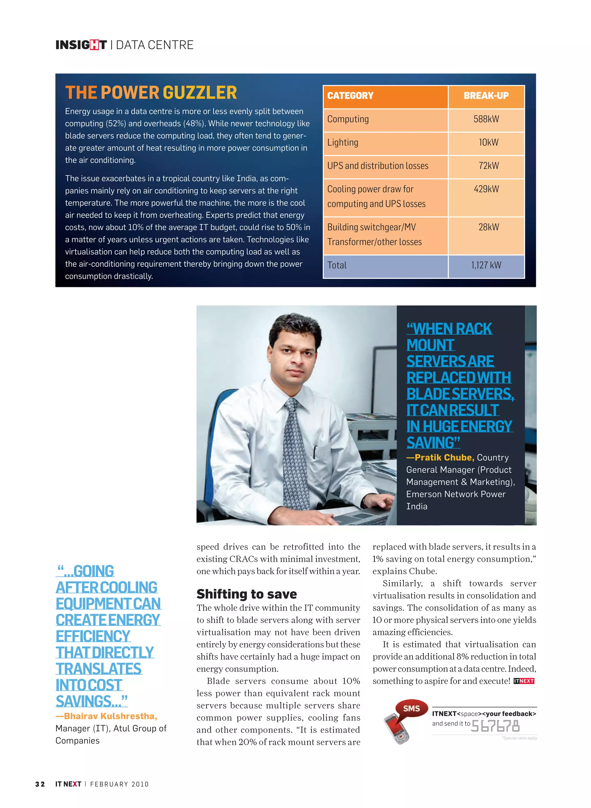 INSIGHT | DATA CENTRE



        THE POWER GUZZLER                                                      CATEGORY                              BREAK-UP
        Energy usage in a data centre is more or less evenly split between
        computing (52%) and overheads (48%). While newer technology like       Computing                                588kW
        blade servers reduce the computing load, they often tend to gener-
                                                                               Lighting                                  10kW
        ate greater amount of heat resulting in more power consumption in
        the air conditioning.
                                                                               UPS and distribution losses               72kW
        The issue exacerbates in a tropical country like India, as com-
        panies mainly rely on air conditioning to keep servers at the right    Cooling power draw for                   429kW
        temperature. The more powerful the machine, the more is the cool       computing and UPS losses
        air needed to keep it from overheating. Experts predict that energy
        costs, now about 10% of the average IT budget, could rise to 50% in    Building switchgear/MV                    28kW
        a matter of years unless urgent actions are taken. Technologies like   Transformer/other losses
        virtualisation can help reduce both the computing load as well as
        the air-conditioning requirement thereby bringing down the power       Total                                   1,127 kW
        consumption drastically.




                                                                                                     “WHEN RACK
                                                                                                     MOUNT
                                                                                                     SERVERS ARE
                                                                                                     REPLACED WITH
                                                                                                     BLADE SERVERS,
                                                                                                     IT CAN RESULT
                                                                                                     IN HUGE ENERGY
                                                                                                     SAVING”
                                                                                                     —Pratik Chube, Country
                                                                                                     General Manager (Product
                                                                                                     Management & Marketing),
                                                                                                     Emerson Network Power
                                                                                                     India



                                            speed drives can be retrofitted into the        replaced with blade servers, it results in a
                                            existing CRACs with minimal investment,         1% saving on total energy consumption,”
     “…GOING                                one which pays back for itself within a year.   explains Chube.

     AFTER COOLING                          Shifting to save
                                                                                               Similarly, a shift towards server
                                                                                            virtualisation results in consolidation and
     EQUIPMENT CAN                          The whole drive within the IT community         savings. The consolidation of as many as
     CREATE ENERGY                          to shift to blade servers along with server     10 or more physical servers into one yields

     EFFICIENCY                             virtualisation may not have been driven
                                            entirely by energy considerations but these
                                                                                            amazing efficiencies.
                                                                                               It is estimated that virtualisation can
     THAT DIRECTLY                          shifts have certainly had a huge impact on      provide an additional 8% reduction in total
     TRANSLATES                             energy consumption.                             power consumption at a data centre. Indeed,

     INTO COST                                 Blade servers consume about 10%
                                            less power than equivalent rack mount
                                                                                            something to aspire for and execute!

     SAVINGS…”                              servers because multiple servers share
     —Bhairav Kulshrestha,                                                                                   ITNEXT<space><your feedback>
                                            common power supplies, cooling fans
     Manager (IT), Atul Group of            and other components. “It is estimated                                    56 78
                                                                                                                        76
                                                                                                             and send it to

     Companies                              that when 20% of rack mount servers are
                                                                                                                                  *Special rates apply




32   IT NEXT | F E B R U A R Y 2 0 1 0
 