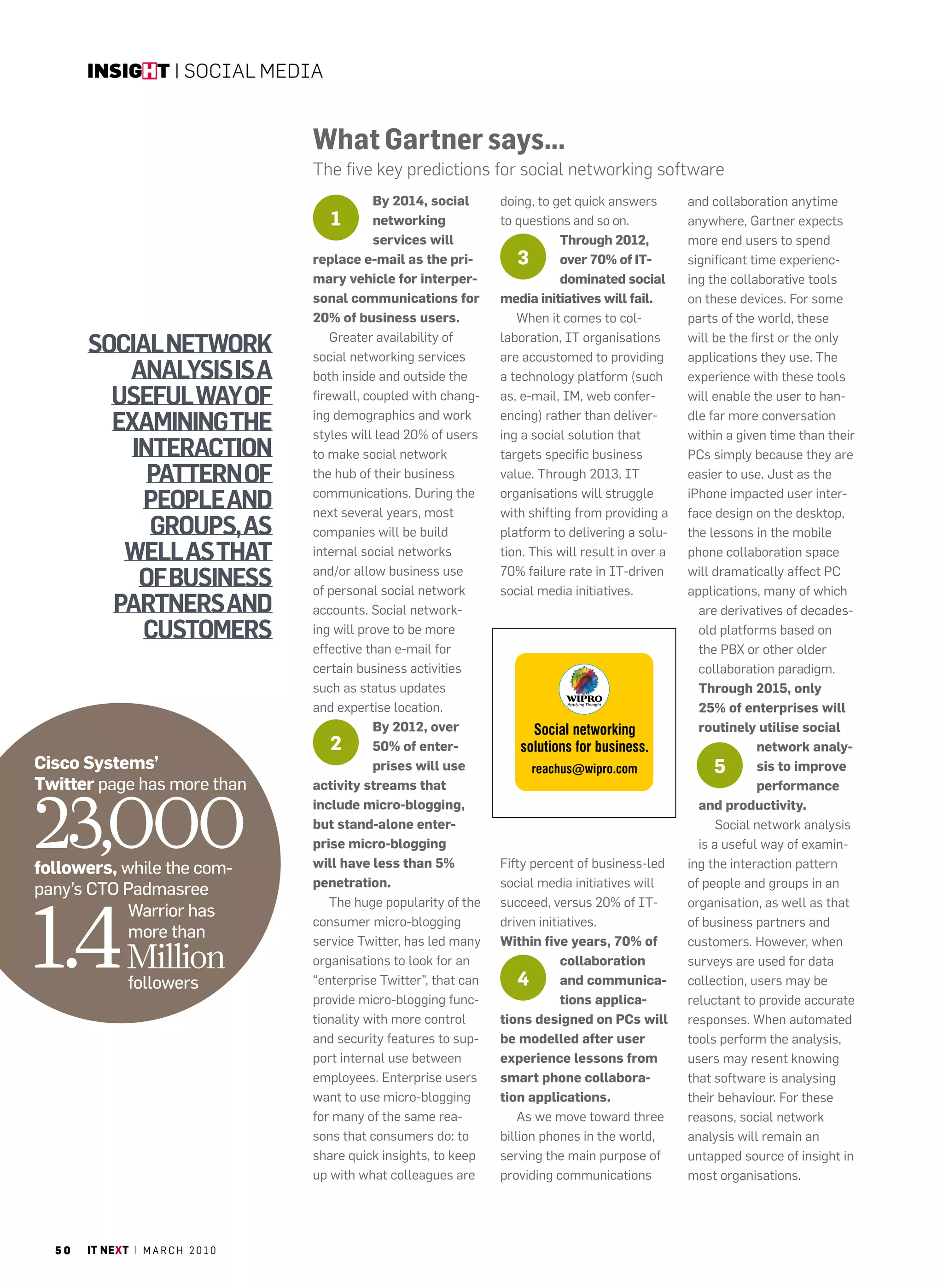 insight | Social Media


                                     What Gartner says...
                                     The five key predictions for social networking software
                                                by 2014, social       doing, to get quick answers        and collaboration anytime
                                        1       networking            to questions and so on.            anywhere, Gartner expects
                                                services will                    through 2012,           more end users to spend
                                     replace e-mail as the pri-          3       over 70% of it-         significant time experienc-
                                     mary vehicle for interper-                  dominated social        ing the collaborative tools
                                     sonal communications for         media initiatives will fail.       on these devices. For some
                                     20% of business users.              When it comes to col-           parts of the world, these

       Social network                    Greater availability of
                                     social networking services
                                                                      laboration, IT organisations
                                                                      are accustomed to providing
                                                                                                         will be the first or the only
                                                                                                         applications they use. The
          analySiS iS a              both inside and outside the      a technology platform (such        experience with these tools
         uSeful way of               firewall, coupled with chang-    as, e-mail, Im, web confer-        will enable the user to han-

         examining the               ing demographics and work
                                     styles will lead 20% of users
                                                                      encing) rather than deliver-
                                                                      ing a social solution that
                                                                                                         dle far more conversation
                                                                                                         within a given time than their
           interaction               to make social network           targets specific business          Pcs simply because they are
             pattern of              the hub of their business        value. Through 2013, IT            easier to use. Just as the

            people and               communications. During the
                                     next several years, most
                                                                      organisations will struggle
                                                                      with shifting from providing a
                                                                                                         iPhone impacted user inter-
                                                                                                         face design on the desktop,
             groupS, aS              companies will be build          platform to delivering a solu-     the lessons in the mobile
          well aS that               internal social networks         tion. This will result in over a   phone collaboration space

            of buSineSS              and/or allow business use
                                     of personal social network
                                                                      70% failure rate in IT-driven
                                                                      social media initiatives.
                                                                                                         will dramatically affect Pc
                                                                                                         applications, many of which
         partnerS and                accounts. Social network-                                             are derivatives of decades-
            cuStomerS                ing will prove to be more                                             old platforms based on
                                     effective than e-mail for                                             the PBX or other older
                                     certain business activities                                           collaboration paradigm.
                                     such as status updates                                                through 2015, only
                                     and expertise location.                                               25% of enterprises will
                                                by 2012, over                                              routinely utilise social
                                         2      50% of enter-                                                          network analy-
Cisco systems’                                  prises will use                                               5        sis to improve
twitter page has more than           activity streams that                                                             performance



23,000
                                     include micro-blogging,                                               and productivity.
                                     but stand-alone enter-                                                    Social network analysis
                                     prise micro-blogging                                                  is a useful way of examin-
followers, while the com-            will have less than 5%           Fifty percent of business-led      ing the interaction pattern
                                     penetration.                     social media initiatives will      of people and groups in an
pany’s CTO Padmasree



1.4
                                         The huge popularity of the   succeed, versus 20% of IT-         organisation, as well as that
            Warrior has
                                     consumer micro-blogging          driven initiatives.                of business partners and
            more than                service Twitter, has led many    Within five years, 70% of          customers. however, when
               Million               organisations to look for an
                                                                          4
                                                                                  collaboration          surveys are used for data
               followers             “enterprise Twitter”, that can               and communica-         collection, users may be
                                     provide micro-blogging func-                 tions applica-         reluctant to provide accurate
                                     tionality with more control      tions designed on PCs will         responses. When automated
                                     and security features to sup-    be modelled after user             tools perform the analysis,
                                     port internal use between        experience lessons from            users may resent knowing
                                     employees. Enterprise users      smart phone collabora-             that software is analysing
                                     want to use micro-blogging       tion applications.                 their behaviour. For these
                                     for many of the same rea-            as we move toward three        reasons, social network
                                     sons that consumers do: to       billion phones in the world,       analysis will remain an
                                     share quick insights, to keep    serving the main purpose of        untapped source of insight in
                                     up with what colleagues are      providing communications           most organisations.




  50   it next | m a r c h 2 0 1 0
 