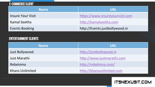 .	
  
YOUR COMPANY
WWW.YOURCOMPANY.COM
YOUR
LOGO
.	
  
E-commerce Client
Name	
   URL	
  
Insure	
  Your	
  Visit	
   hcps://www.insureyourvisit.com	
  
Kamal	
  Seetha	
   hcp://kamalseetha.com	
  
Events	
  Booking	
   hcp://Events.justbollywood.in	
  
Entertainment Clients
Name	
   URL	
  
Just	
  Bollywood	
   hcp://justbollywood.in	
  
Just	
  Marathi	
   hcp://www.justmarathi.com	
  
Rebeloma	
   hcp://rebeloma.com/	
  
Khans	
  Unlimited	
   hcp://khansunlimited.com	
  
 