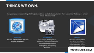 .	
  
YOUR COMPANY
WWW.YOURCOMPANY.COM
YOUR
LOGO
.	
  
Every	
  company	
  owns	
  something	
  which	
  helps	
  them	
  deliver	
  results	
  to	
  their	
  customers.	
  There	
  are	
  some	
  of	
  the	
  things	
  we	
  can	
  call	
  
ours	
  to	
  deliver	
  our	
  best.	
  
THINGS WE OWN.
WEBSITES.	
  
We	
  own	
  entertainment	
  sites	
  and	
  
majorly	
  job	
  portals.	
  
EQUIPMENTS	
  
Dslr	
  Cameras,	
  Edi;ng	
  Setups,	
  
Variety	
  of	
  Computers,	
  Live	
  show	
  
and	
  ﬁlm	
  shoot	
  equipments.	
  
Prin;ng	
  Press,	
  Flex	
  prin;ng	
  
Machines.	
  
OFFICES.	
  
So]ware	
  Company	
  Oﬃce,	
  
Film	
  Produc;on	
  Oﬃce,	
  
Daily	
  Newspaper	
  Oﬃce,	
  
Music	
  Produc;on	
  Oﬃce.	
  
 