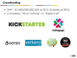  WW ~ $ 2.850.000.000 USD al 2012. El doble al 2013
 2 modelos: “All or nothing” vs. “Keep it all”
Crowdfunding
 