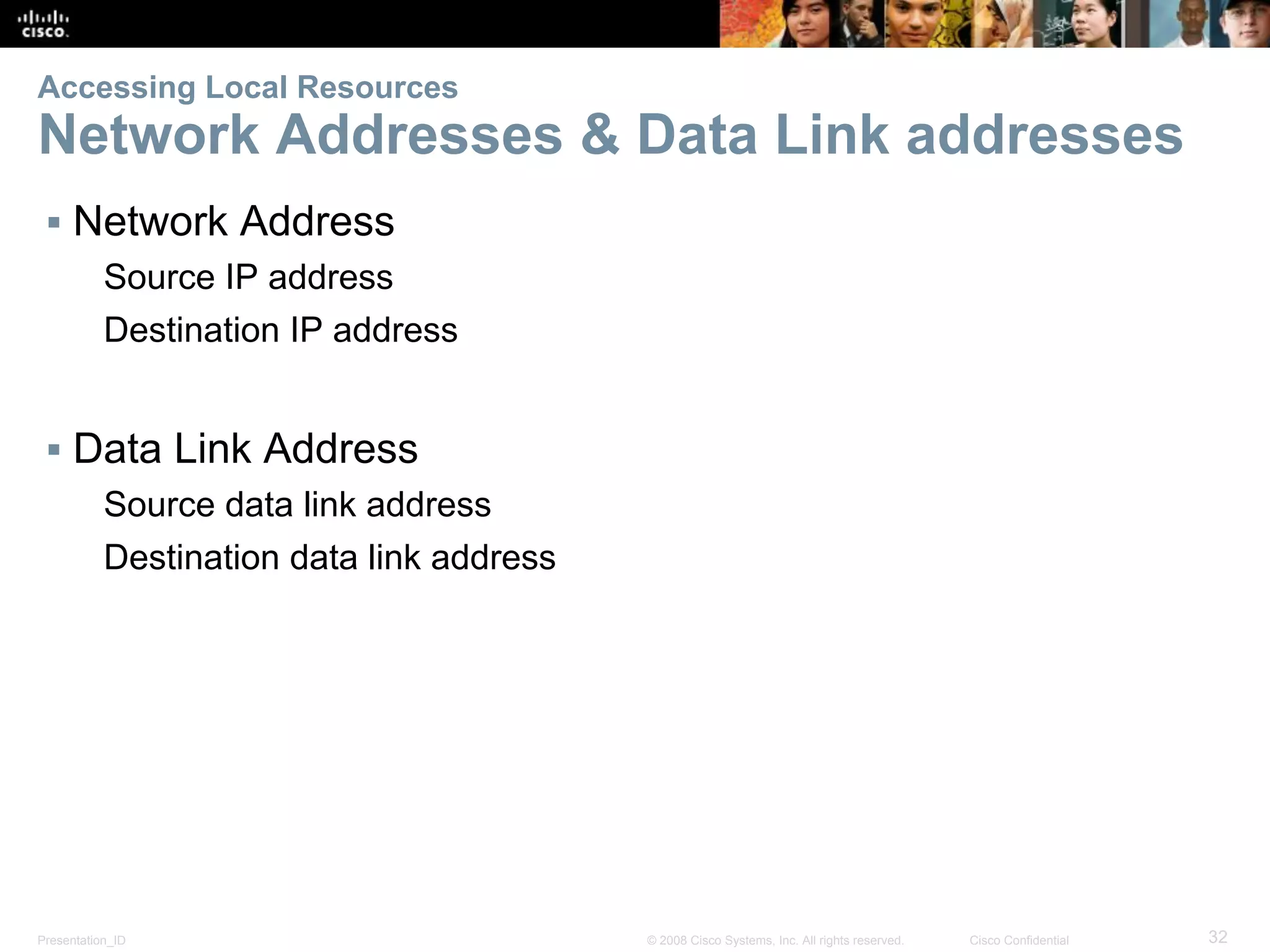 Presentation_ID 32© 2008 Cisco Systems, Inc. All rights reserved. Cisco Confidential
Accessing Local Resources
Network Addresses & Data Link addresses
▪ Network Address
Source IP address
Destination IP address
▪ Data Link Address
Source data link address
Destination data link address
 