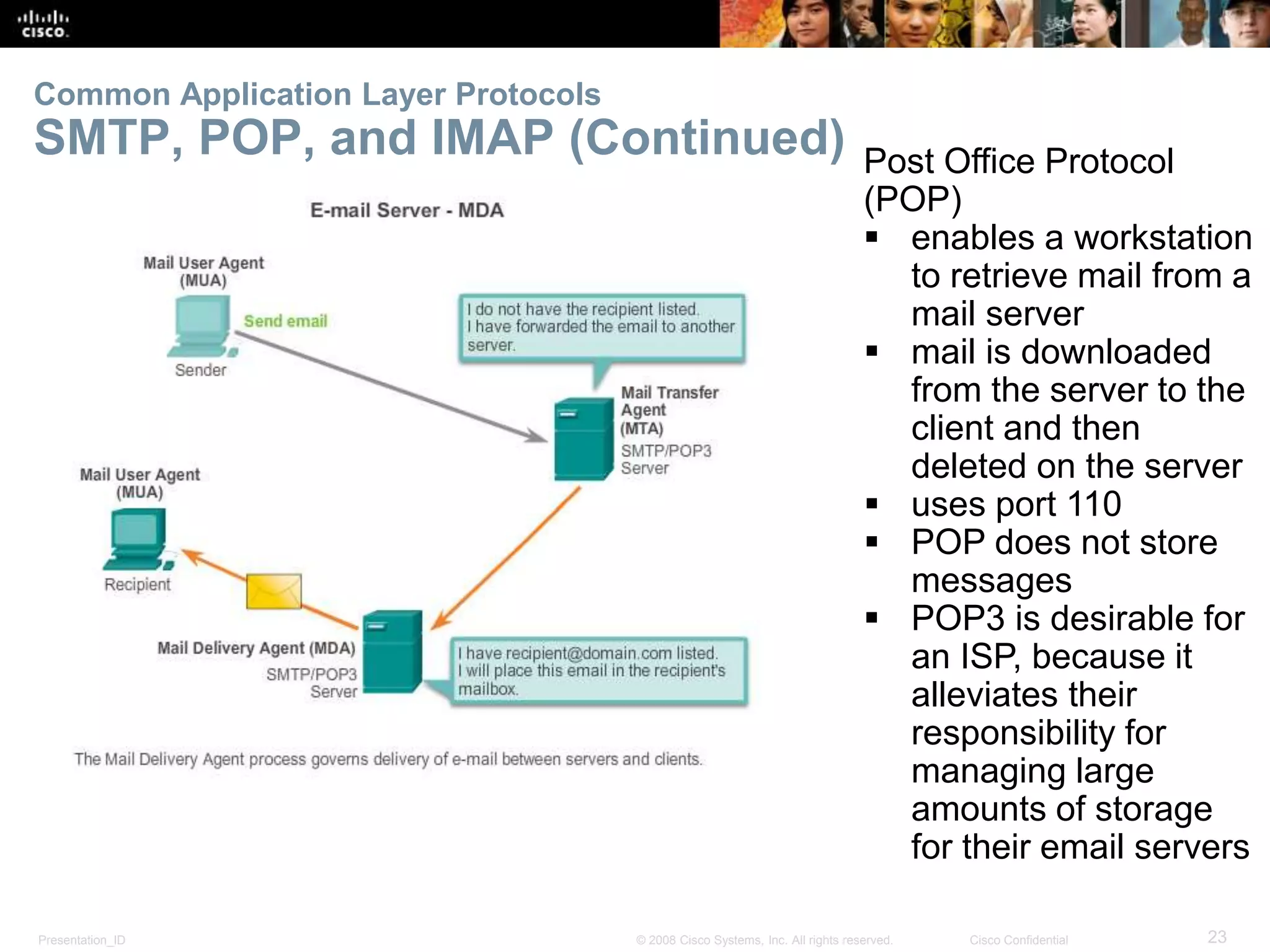 Common Application Layer Protocols 
SMTP, POP, and IMAP (Continued) Post Office Protocol 
(POP) 
 enables a workstation 
to retrieve mail from a 
mail server 
 mail is downloaded 
from the server to the 
client and then 
deleted on the server 
 uses port 110 
 POP does not store 
messages 
 POP3 is desirable for 
an ISP, because it 
alleviates their 
responsibility for 
managing large 
amounts of storage 
for their email servers 
Presentation_ID © 2008 Cisco Systems, Inc. All rights reserved. Cisco Confidential 23 
 