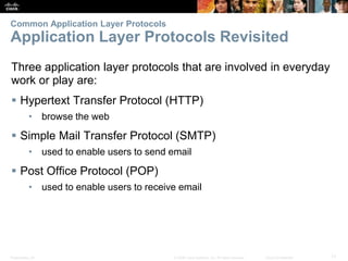 Common Application Layer Protocols 
Application Layer Protocols Revisited 
Three application layer protocols that are involved in everyday 
work or play are: 
 Hypertext Transfer Protocol (HTTP) 
• browse the web 
 Simple Mail Transfer Protocol (SMTP) 
• used to enable users to send email 
 Post Office Protocol (POP) 
• used to enable users to receive email 
Presentation_ID © 2008 Cisco Systems, Inc. All rights reserved. Cisco Confidential 17 
 