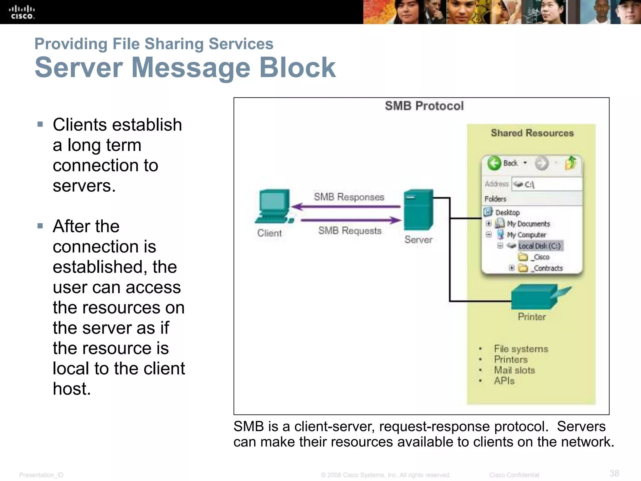 Providing File Sharing Services 
Server Message Block 
 Clients establish 
a long term 
connection to 
servers. 
 After the 
connection is 
established, the 
user can access 
the resources on 
the server as if 
the resource is 
local to the client 
host. 
SMB is a client-server, request-response protocol. Servers 
can make their resources available to clients on the network. 
Presentation_ID © 2008 Cisco Systems, Inc. All rights reserved. Cisco Confidential 38 
 