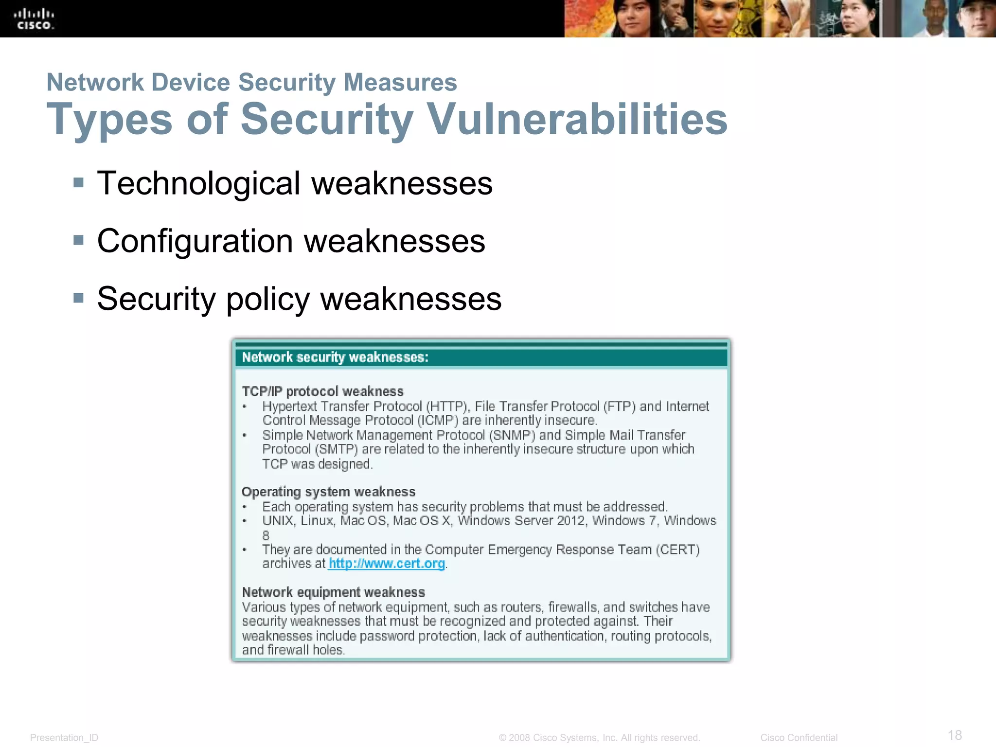 Network Device Security Measures 
Types of Security Vulnerabilities 
 Technological weaknesses 
 Configuration weaknesses 
 Security policy weaknesses 
Presentation_ID © 2008 Cisco Systems, Inc. All rights reserved. Cisco Confidential 18 
 