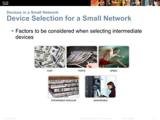 Devices in a Small Network 
Device Selection for a Small Network 
 Factors to be considered when selecting intermediate 
devices 
Presentation_ID © 2008 Cisco Systems, Inc. All rights reserved. Cisco Confidential 6 
 