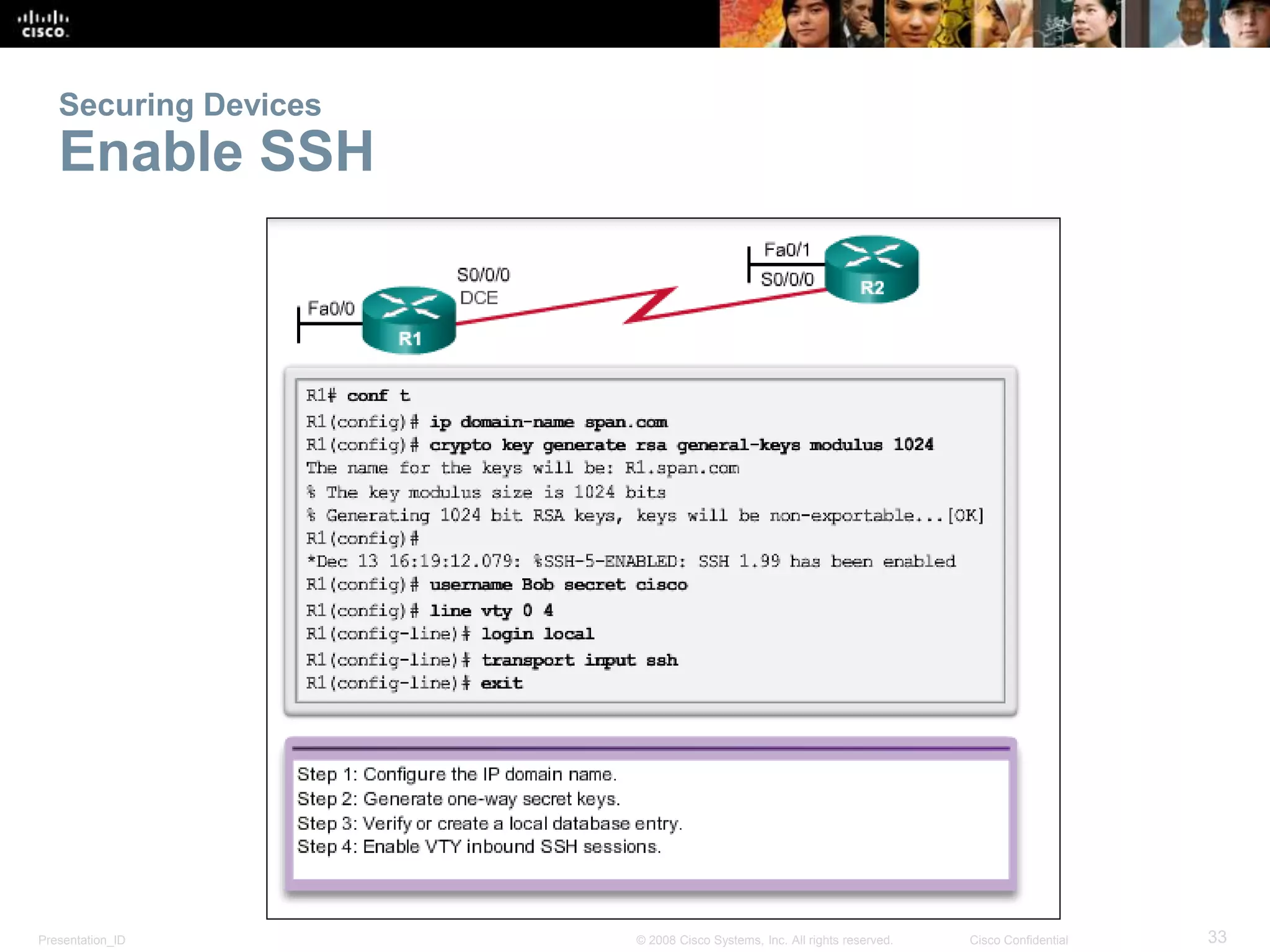 Securing Devices 
Enable SSH 
Presentation_ID © 2008 Cisco Systems, Inc. All rights reserved. Cisco Confidential 33 
 