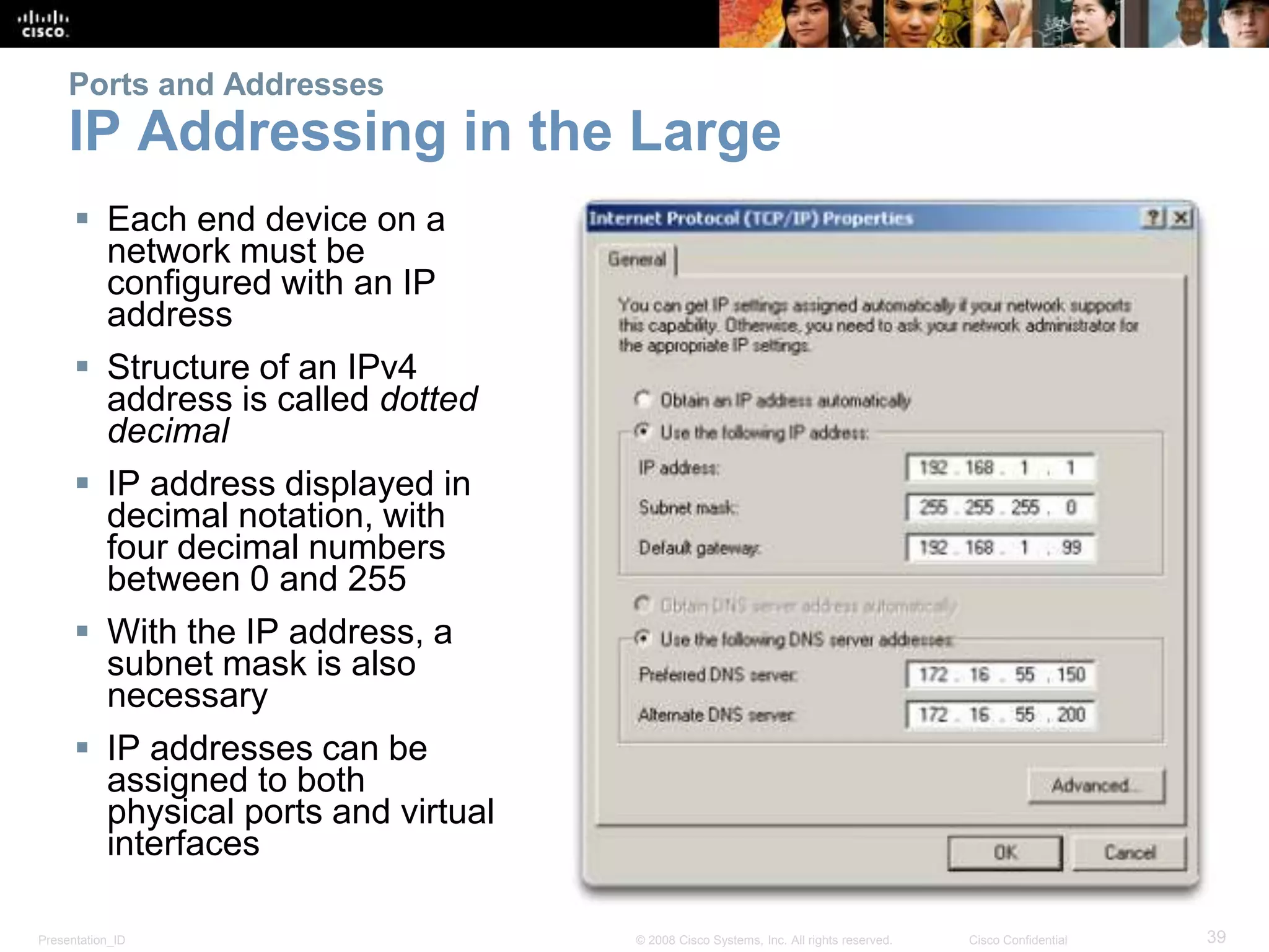 Ports and Addresses 
IP Addressing in the Large 
 Each end device on a 
network must be 
configured with an IP 
address 
 Structure of an IPv4 
address is called dotted 
decimal 
 IP address displayed in 
decimal notation, with 
four decimal numbers 
between 0 and 255 
 With the IP address, a 
subnet mask is also 
necessary 
 IP addresses can be 
assigned to both 
physical ports and virtual 
interfaces 
Presentation_ID © 2008 Cisco Systems, Inc. All rights reserved. Cisco Confidential 39 
 