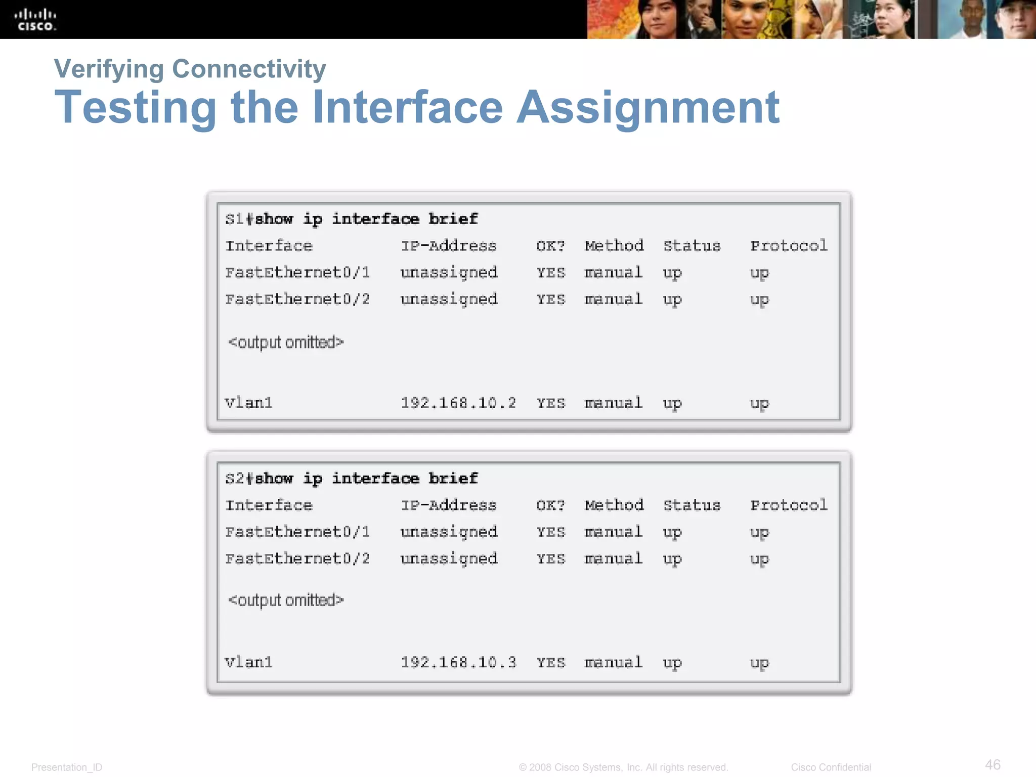 Verifying Connectivity 
Testing the Interface Assignment 
Presentation_ID © 2008 Cisco Systems, Inc. All rights reserved. Cisco Confidential 46 
 