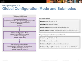 Navigating the IOS 
Global Configuration Mode and Submodes 
Presentation_ID © 2008 Cisco Systems, Inc. All rights reserved. Cisco Confidential 16 
 