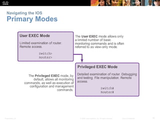 Navigating the IOS

Primary Modes

Presentation_ID

© 2008 Cisco Systems, Inc. All rights reserved.

Cisco Confidential

1...