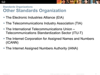 Standards Organizations 
Other Standards Organization 
 The Electronic Industries Alliance (EIA) 
 The Telecommunications Industry Association (TIA) 
 The International Telecommunications Union – 
Telecommunications Standardization Sector (ITU-T) 
 The Internet Corporation for Assigned Names and Numbers 
(ICANN) 
 The Internet Assigned Numbers Authority (IANA) 
Presentation_ID © 2008 Cisco Systems, Inc. All rights reserved. Cisco Confidential 22 
 