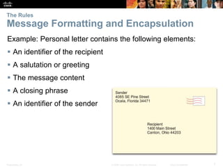 The Rules 
Message Formatting and Encapsulation 
Example: Personal letter contains the following elements: 
 An identifier of the recipient 
 A salutation or greeting 
 The message content 
 A closing phrase 
 An identifier of the sender 
Presentation_ID © 2008 Cisco Systems, Inc. All rights reserved. Cisco Confidential 7 
 