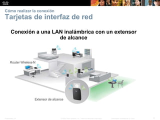 Presentation_ID 6© 2008 Cisco Systems, Inc. Todos los derechos reservados. Información confidencial de Cisco
Cómo realizar la conexión
Tarjetas de interfaz de red
Conexión a una LAN inalámbrica con un extensor
de alcance
 