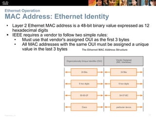 Ethernet Operation 
MAC Address: Ethernet Identity 
• Layer 2 Ethernet MAC address is a 48-bit binary value expressed as 12 
hexadecimal digits 
 IEEE requires a vendor to follow two simple rules: 
• Must use that vendor's assigned OUI as the first 3 bytes 
• All MAC addresses with the same OUI must be assigned a unique 
value in the last 3 bytes 
Presentation_ID © 2008 Cisco Systems, Inc. All rights reserved. Cisco Confidential 17 
 