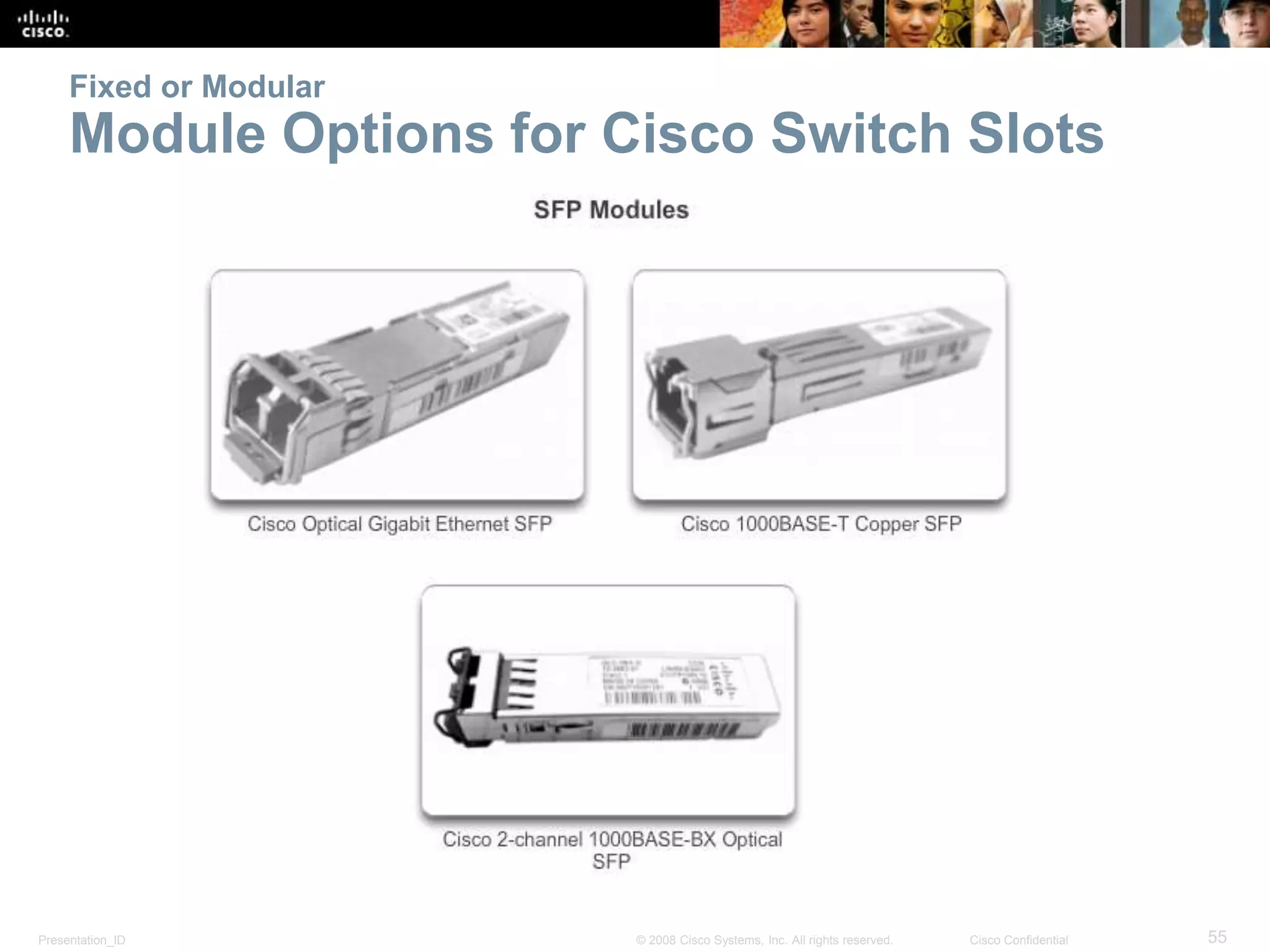 Fixed or Modular 
Module Options for Cisco Switch Slots 
Presentation_ID © 2008 Cisco Systems, Inc. All rights reserved. Cisco Confidential 55 
 