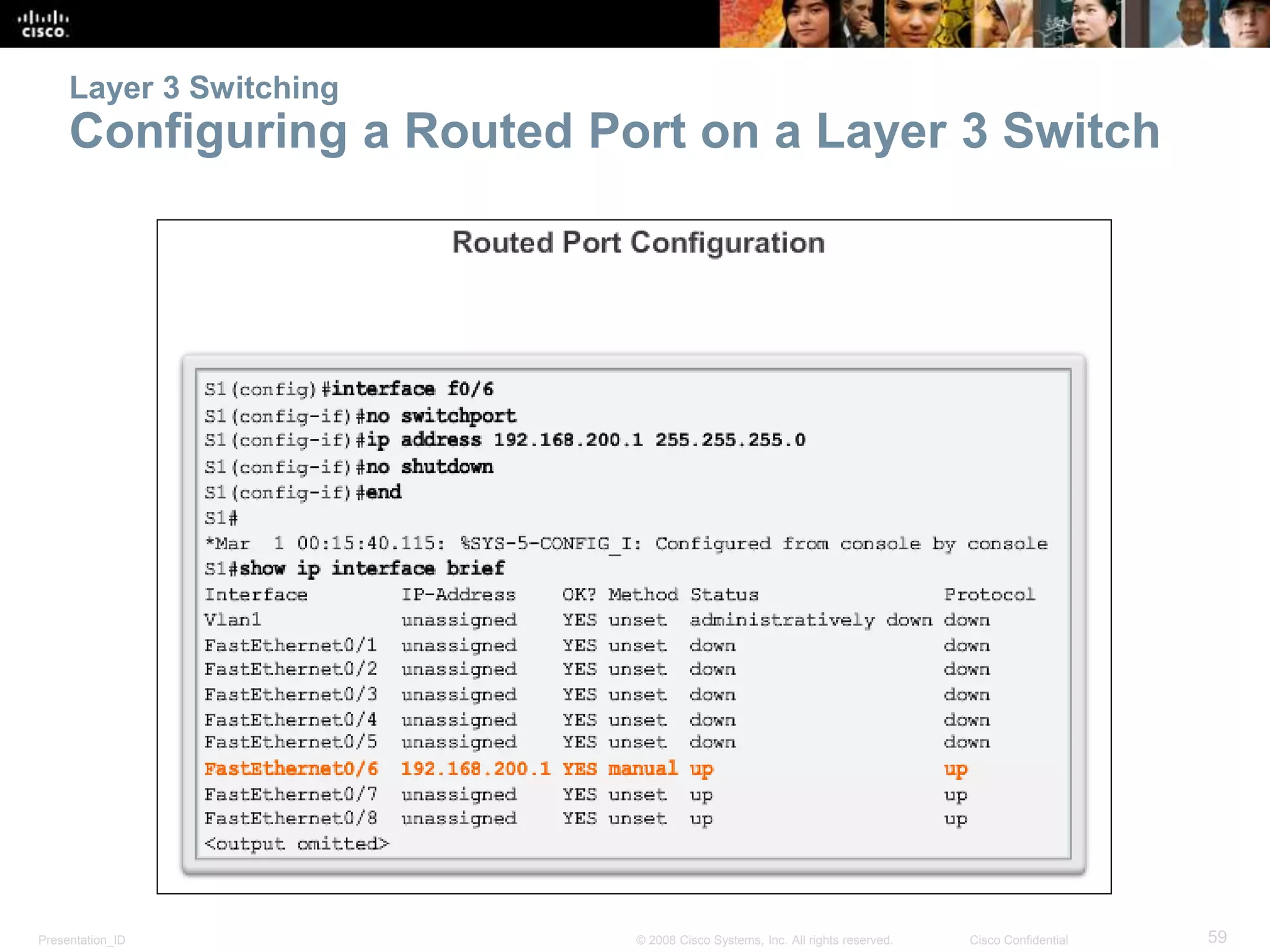 Layer 3 Switching 
Configuring a Routed Port on a Layer 3 Switch 
Presentation_ID © 2008 Cisco Systems, Inc. All rights reserved. Cisco Confidential 59 
 