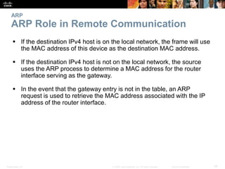 ARP 
ARP Role in Remote Communication 
 If the destination IPv4 host is on the local network, the frame will use 
the MAC address of this device as the destination MAC address. 
 If the destination IPv4 host is not on the local network, the source 
uses the ARP process to determine a MAC address for the router 
interface serving as the gateway. 
 In the event that the gateway entry is not in the table, an ARP 
request is used to retrieve the MAC address associated with the IP 
address of the router interface. 
Presentation_ID © 2008 Cisco Systems, Inc. All rights reserved. Cisco Confidential 39 
 
