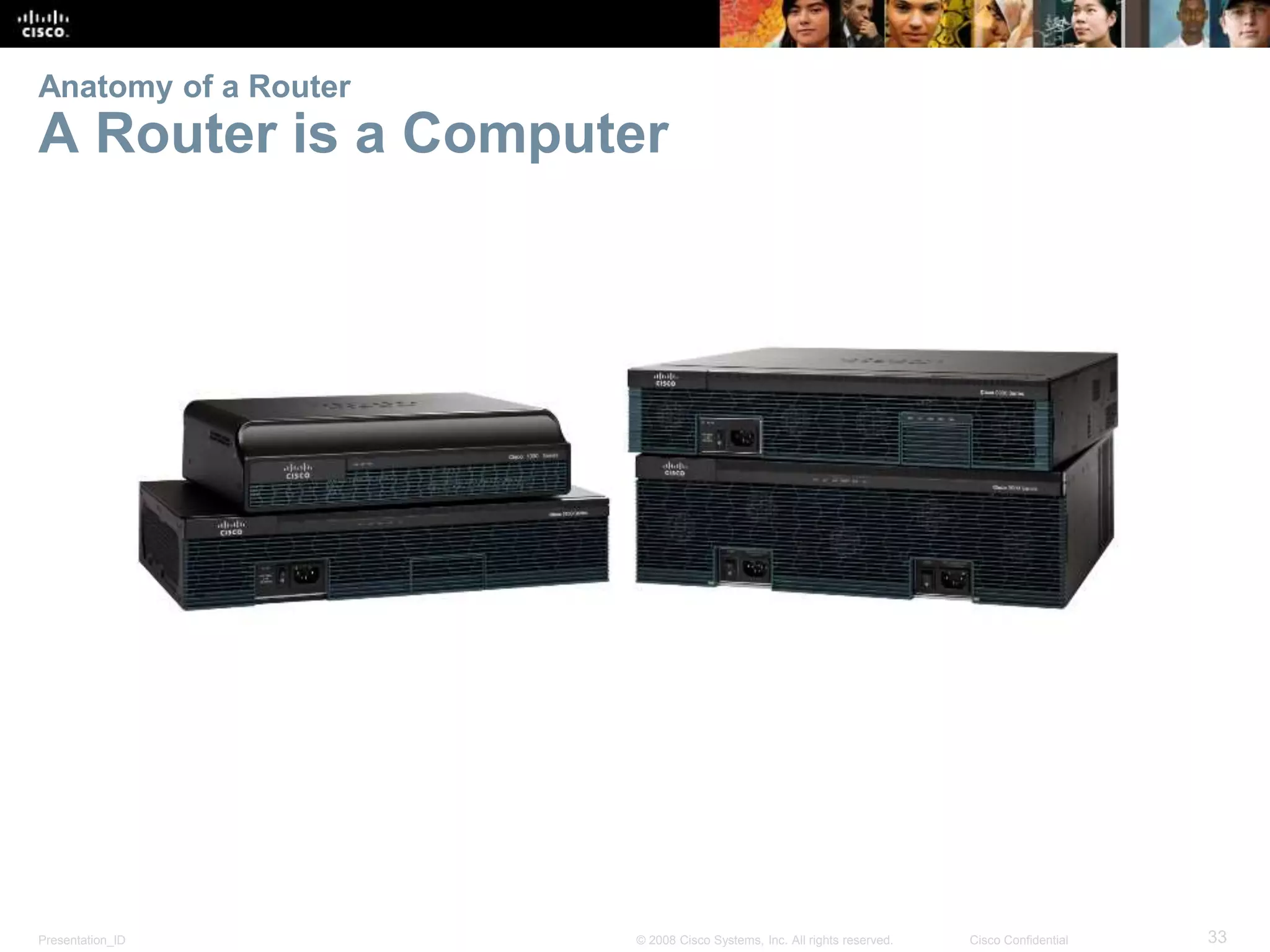 Anatomy of a Router 
A Router is a Computer 
Presentation_ID © 2008 Cisco Systems, Inc. All rights reserved. Cisco Confidential 33 
 