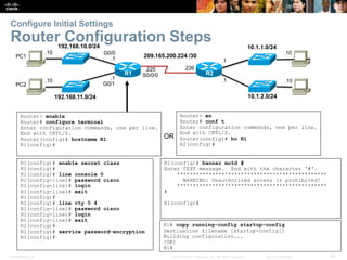 Configure Initial Settings 
Router Configuration Steps 
192.168.10.0/24 
192.168.11.0/24 
209.165.200.224 /30 
.10 
.10 
.225 
S0/0/0 
G0/0 
.1 
R1 
.1 .1 
G0/1 
PC1 
PC2 
Router> enable 
Router# configure terminal 
Enter configuration commands, one per line. 
End with CNTL/Z. 
Router(config)# hostname R1 
R1(config)# 
R2 
10.1.1.0/24 
10.1.2.0/24 
.226 
.10 
.10 
.1 
Router> en 
Router# conf t 
Enter configuration commands, one per line. 
End with CNTL/Z. 
Router(config)# ho R1 
R2(config)# 
OR 
R1(config)# enable secret class 
R1(config)# 
R1(config)# line console 0 
R1(config-line)# password cisco 
R1(config-line)# login 
R1(config-line)# exit 
R1(config)# 
R1(config)# line vty 0 4 
R1(config-line)# password cisco 
R1(config-line)# login 
R1(config-line)# exit 
R1(config)# 
R1(config)# service password-encryption 
R1(config)# 
R1(config)# banner motd # 
Enter TEXT message. End with the character '#'. 
*********************************************** 
WARNING: Unauthorized access is prohibited! 
*********************************************** 
# 
R1(config)# 
R1# copy running-config startup-config 
Destination filename [startup-config]? 
Building configuration... 
[OK] 
R1# 
Presentation_ID © 2008 Cisco Systems, Inc. All rights reserved. Cisco Confidential 45 
 