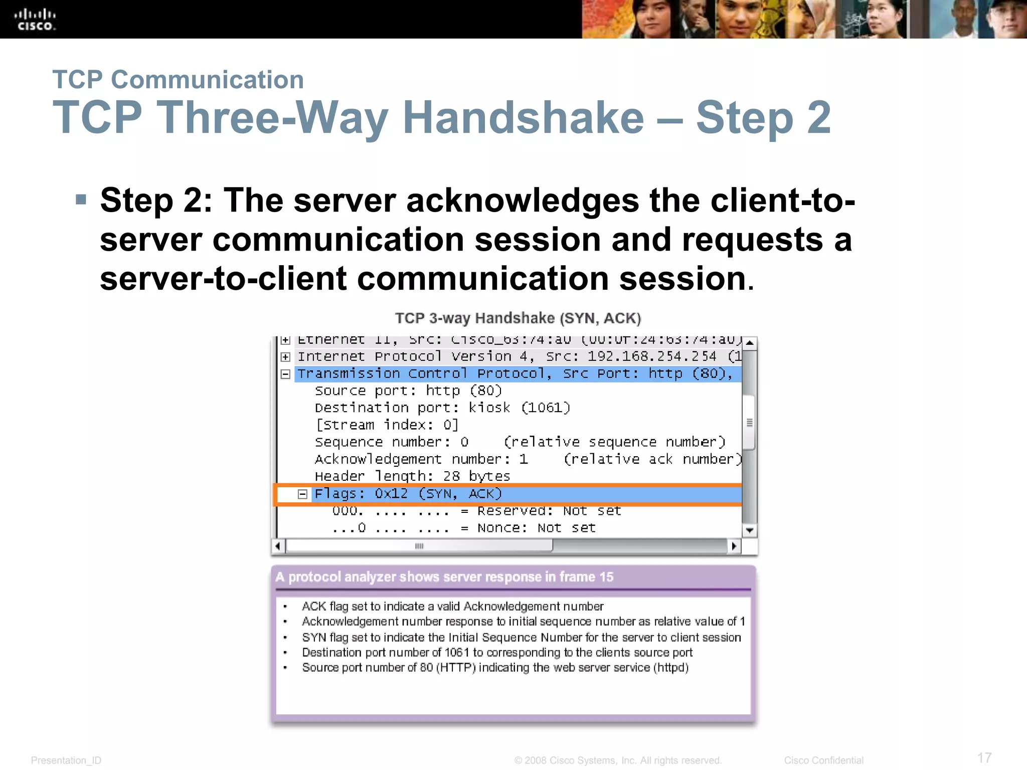 TCP Communication 
TCP Three-Way Handshake – Step 2 
 Step 2: The server acknowledges the client-to-server 
communication session and requests a 
server-to-client communication session. 
Presentation_ID © 2008 Cisco Systems, Inc. All rights reserved. Cisco Confidential 17 
 