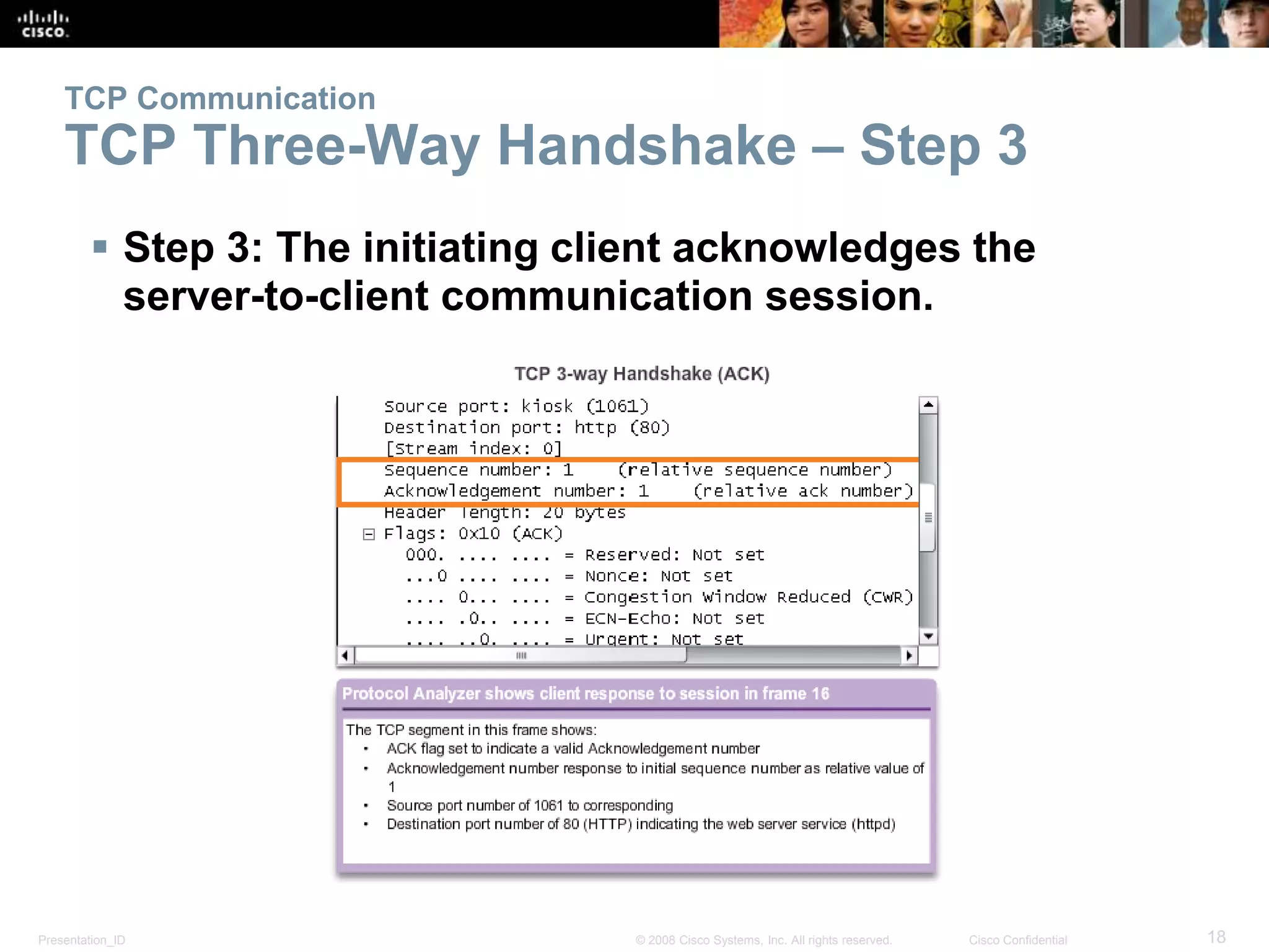 TCP Communication 
TCP Three-Way Handshake – Step 3 
 Step 3: The initiating client acknowledges the 
server-to-client communication session. 
Presentation_ID © 2008 Cisco Systems, Inc. All rights reserved. Cisco Confidential 18 
 