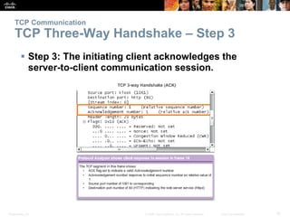 TCP Communication 
TCP Three-Way Handshake – Step 3 
 Step 3: The initiating client acknowledges the 
server-to-client communication session. 
Presentation_ID © 2008 Cisco Systems, Inc. All rights reserved. Cisco Confidential 18 
 