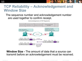 TCP Reliability – Acknowledgement and 
Window Size 
The sequence number and acknowledgement number 
are used together to confirm receipt. 
Window Size - The amount of data that a source can 
transmit before an acknowledgement must be received. 
Presentation_ID © 2008 Cisco Systems, Inc. All rights reserved. Cisco Confidential 21 
 