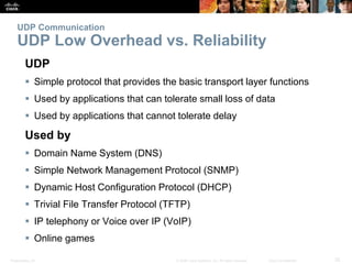 UDP Communication 
UDP Low Overhead vs. Reliability 
UDP 
 Simple protocol that provides the basic transport layer functions 
 Used by applications that can tolerate small loss of data 
 Used by applications that cannot tolerate delay 
Used by 
 Domain Name System (DNS) 
 Simple Network Management Protocol (SNMP) 
 Dynamic Host Configuration Protocol (DHCP) 
 Trivial File Transfer Protocol (TFTP) 
 IP telephony or Voice over IP (VoIP) 
 Online games 
Presentation_ID © 2008 Cisco Systems, Inc. All rights reserved. Cisco Confidential 25 
 