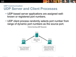 UDP Communication 
UDP Server and Client Processes 
 UDP-based server applications are assigned well-known 
or registered port numbers. 
 UDP client process randomly selects port number from 
range of dynamic port numbers as the source port. 
Presentation_ID © 2008 Cisco Systems, Inc. All rights reserved. Cisco Confidential 27 
 
