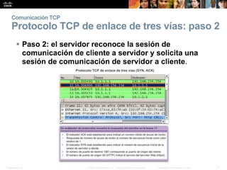 Presentation_ID 17© 2008 Cisco Systems, Inc. Todos los derechos reservados. Información confidencial de Cisco
Comunicación TCP
Protocolo TCP de enlace de tres vías: paso 2
 Paso 2: el servidor reconoce la sesión de
comunicación de cliente a servidor y solicita una
sesión de comunicación de servidor a cliente.
 