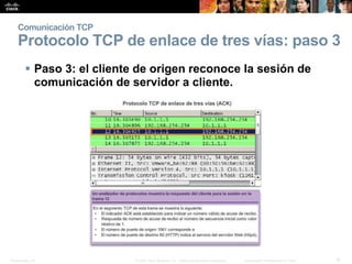Presentation_ID 18© 2008 Cisco Systems, Inc. Todos los derechos reservados. Información confidencial de Cisco
Comunicación TCP
Protocolo TCP de enlace de tres vías: paso 3
 Paso 3: el cliente de origen reconoce la sesión de
comunicación de servidor a cliente.
 