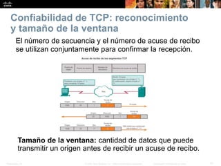 Presentation_ID 21© 2008 Cisco Systems, Inc. Todos los derechos reservados. Información confidencial de Cisco
Confiabilidad de TCP: reconocimiento
y tamaño de la ventana
El número de secuencia y el número de acuse de recibo
se utilizan conjuntamente para confirmar la recepción.
Tamaño de la ventana: cantidad de datos que puede
transmitir un origen antes de recibir un acuse de recibo.
 