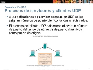 Presentation_ID 27© 2008 Cisco Systems, Inc. Todos los derechos reservados. Información confidencial de Cisco
Comunicación UDP
Procesos de servidores y clientes UDP
 A las aplicaciones de servidor basadas en UDP se les
asignan números de puerto bien conocidos o registrados.
 El proceso del cliente UDP selecciona al azar un número
de puerto del rango de números de puerto dinámicos
como puerto de origen.
 