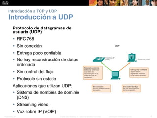 Presentation_ID 9© 2008 Cisco Systems, Inc. Todos los derechos reservados. Información confidencial de Cisco
Introducción a TCP y UDP
Introducción a UDP
Protocolo de datagramas de
usuario (UDP)
 RFC 768
 Sin conexión
 Entrega poco confiable
 No hay reconstrucción de datos
ordenada
 Sin control del flujo
 Protocolo sin estado
Aplicaciones que utilizan UDP:
 Sistema de nombres de dominio
(DNS)
 Streaming video
 Voz sobre IP (VOIP)
 