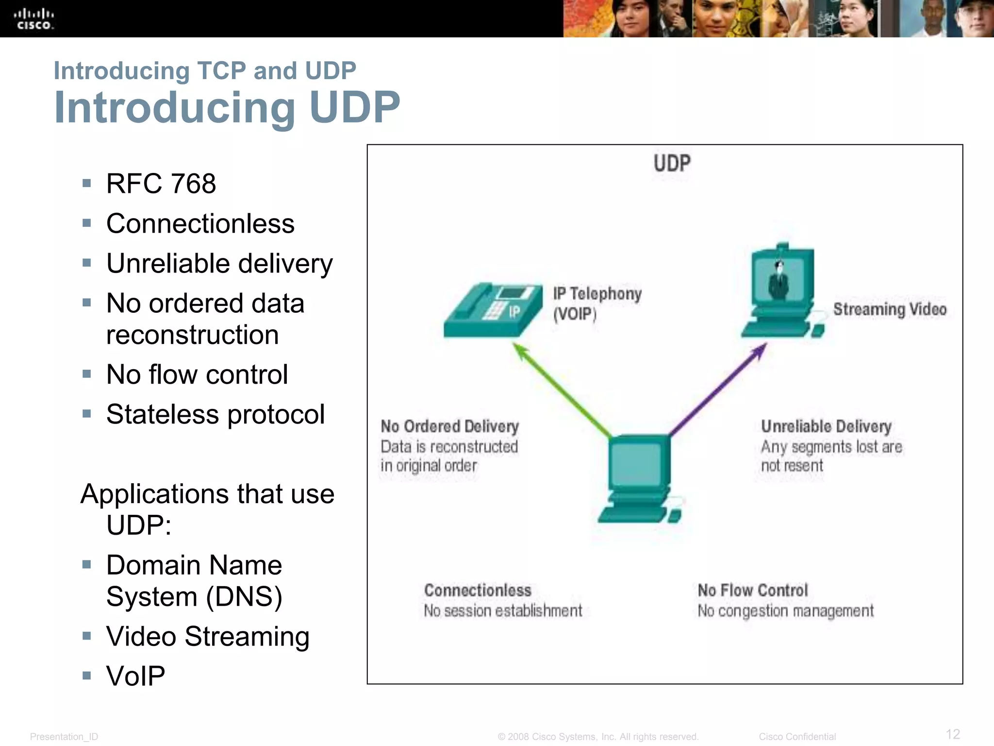 Introducing TCP and UDP 
Introducing UDP 
 RFC 768 
 Connectionless 
 Unreliable delivery 
 No ordered data 
reconstruction 
 No flow control 
 Stateless protocol 
Applications that use 
UDP: 
 Domain Name 
System (DNS) 
 Video Streaming 
 VoIP 
Presentation_ID © 2008 Cisco Systems, Inc. All rights reserved. Cisco Confidential 12 
 