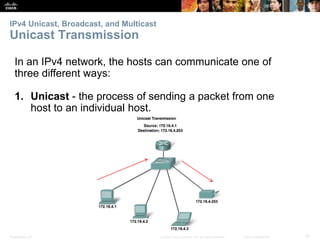 IPv4 Unicast, Broadcast, and Multicast 
Unicast Transmission 
In an IPv4 network, the hosts can communicate one of 
three different ways: 
1. Unicast - the process of sending a packet from one 
host to an individual host. 
Presentation_ID © 2008 Cisco Systems, Inc. All rights reserved. Cisco Confidential 19 
 