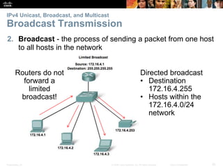 IPv4 Unicast, Broadcast, and Multicast 
Broadcast Transmission 
2. Broadcast - the process of sending a packet from one host 
to all hosts in the network 
Routers do not 
forward a 
limited 
broadcast! 
Directed broadcast 
• Destination 
172.16.4.255 
• Hosts within the 
172.16.4.0/24 
network 
Presentation_ID © 2008 Cisco Systems, Inc. All rights reserved. Cisco Confidential 20 
 