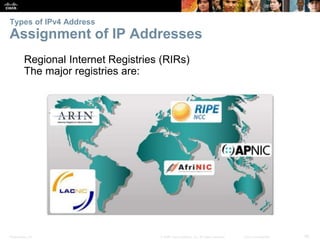 Types of IPv4 Address 
Assignment of IP Addresses 
Regional Internet Registries (RIRs) 
The major registries are: 
Presentation_ID © 2008 Cisco Systems, Inc. All rights reserved. Cisco Confidential 26 
 