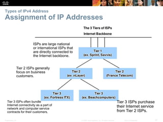 Types of IPv4 Address 
Assignment of IP Addresses 
ISPs are large national 
or international ISPs that 
are directly connected to 
the Internet backbone. 
Tier 2 ISPs generally 
focus on business 
customers. 
Tier 3 ISPs purchase 
their Internet service 
from Tier 2 ISPs. 
Tier 3 ISPs often bundle 
Internet connectivity as a part of 
network and computer service 
contracts for their customers. 
Presentation_ID © 2008 Cisco Systems, Inc. All rights reserved. Cisco Confidential 27 
 