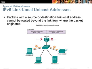 Types of IPv6 Addresses 
IPv6 Link-Local Unicast Addresses 
 Packets with a source or destination link-local address 
cannot be routed beyond the link from where the packet 
originated 
Presentation_ID © 2008 Cisco Systems, Inc. All rights reserved. Cisco Confidential 48 
 