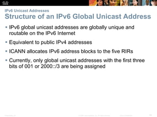 IPv6 Unicast Addresses 
Structure of an IPv6 Global Unicast Address 
 IPv6 global unicast addresses are globally unique and 
routable on the IPv6 Internet 
 Equivalent to public IPv4 addresses 
 ICANN allocates IPv6 address blocks to the five RIRs 
 Currently, only global unicast addresses with the first three 
bits of 001 or 2000::/3 are being assigned 
Presentation_ID © 2008 Cisco Systems, Inc. All rights reserved. Cisco Confidential 49 
 