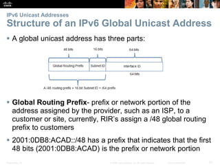 IPv6 Unicast Addresses 
Structure of an IPv6 Global Unicast Address 
 A global unicast address has three parts: 
 Global Routing Prefix- prefix or network portion of the 
address assigned by the provider, such as an ISP, to a 
customer or site, currently, RIR’s assign a /48 global routing 
prefix to customers 
 2001:0DB8:ACAD::/48 has a prefix that indicates that the first 
48 bits (2001:0DB8:ACAD) is the prefix or network portion 
Presentation_ID © 2008 Cisco Systems, Inc. All rights reserved. Cisco Confidential 51 
 
